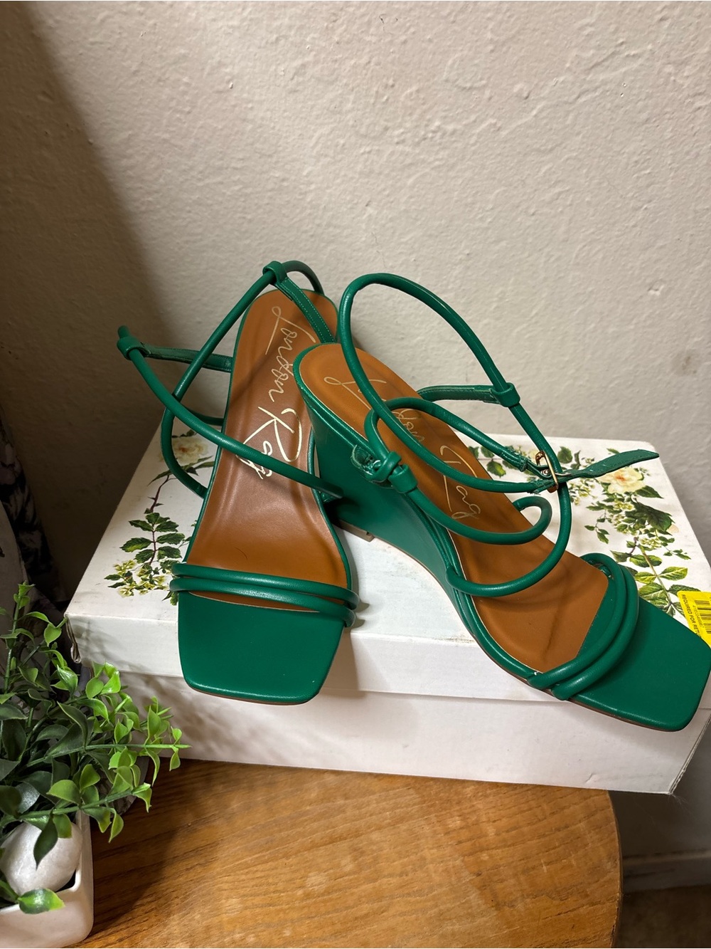 Green Strappy Square-Toe Block Heel Sandals